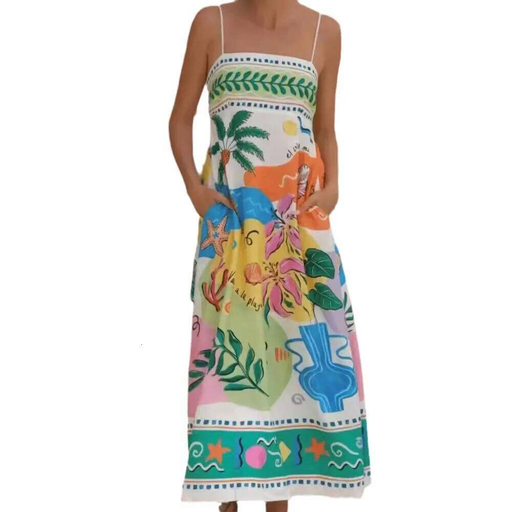 Summer European And American New Sleeveless Collarless High Waist Printed Painted Women's Large Swing Sling Women Dress