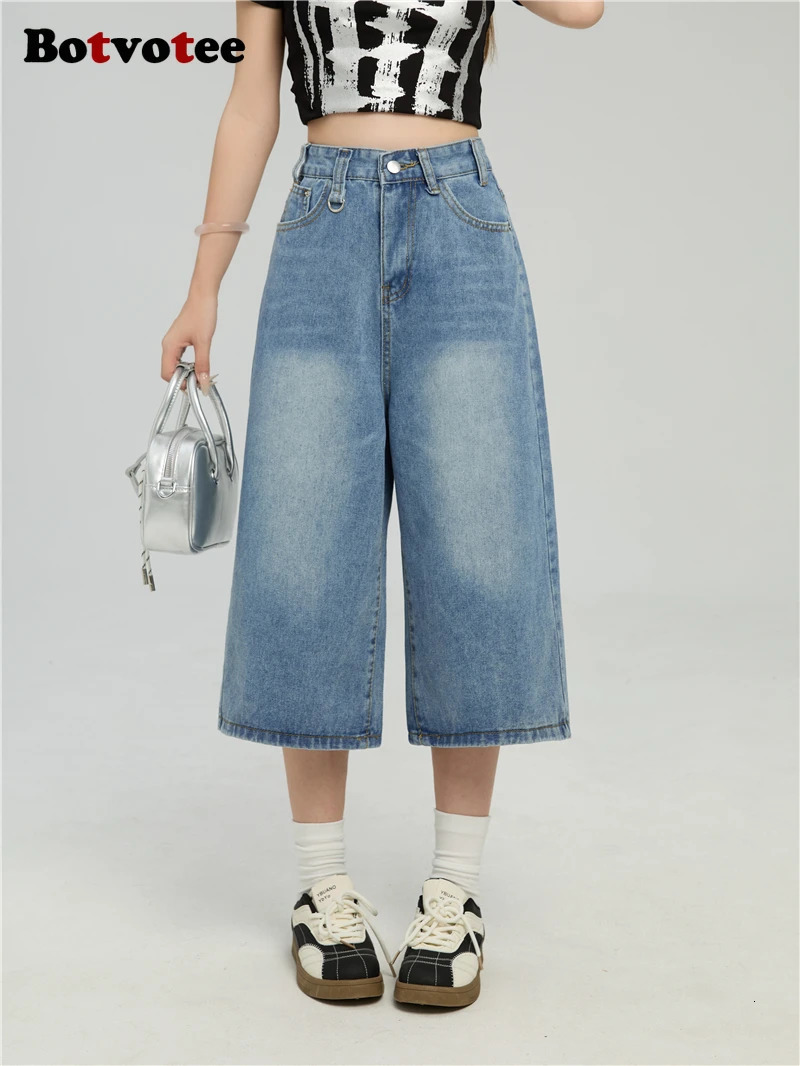 Botvotee Summer Calf Jeans for Women High Waisted Bermuda Shorts Wide Leg Baggy Cargo Denim Pants Y2k 2000s Vintage Loose Jeans 250604