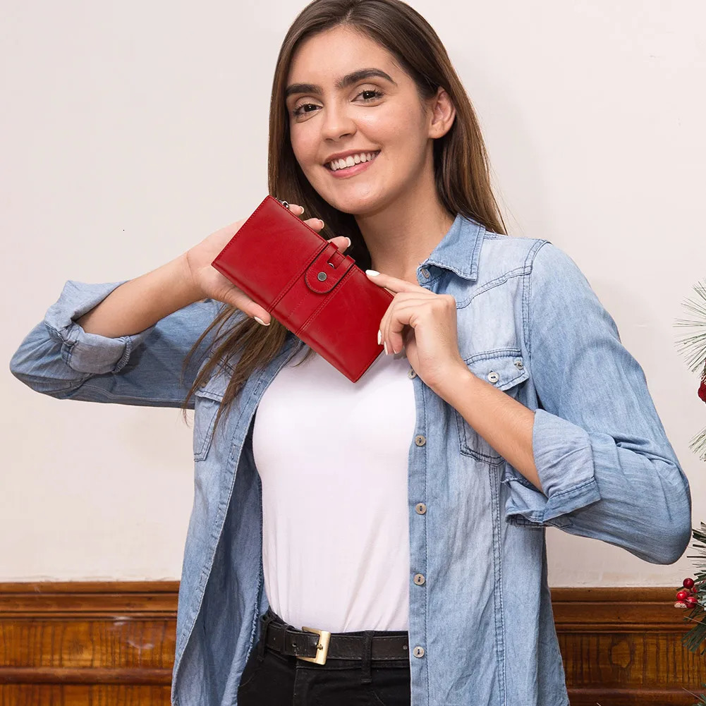 Genuine Leather Wallets Women Long Hasp Rfid Card Holder High Quality Ladies Red Coin Purse With Cellphone Pocket Portfel Damski 250605