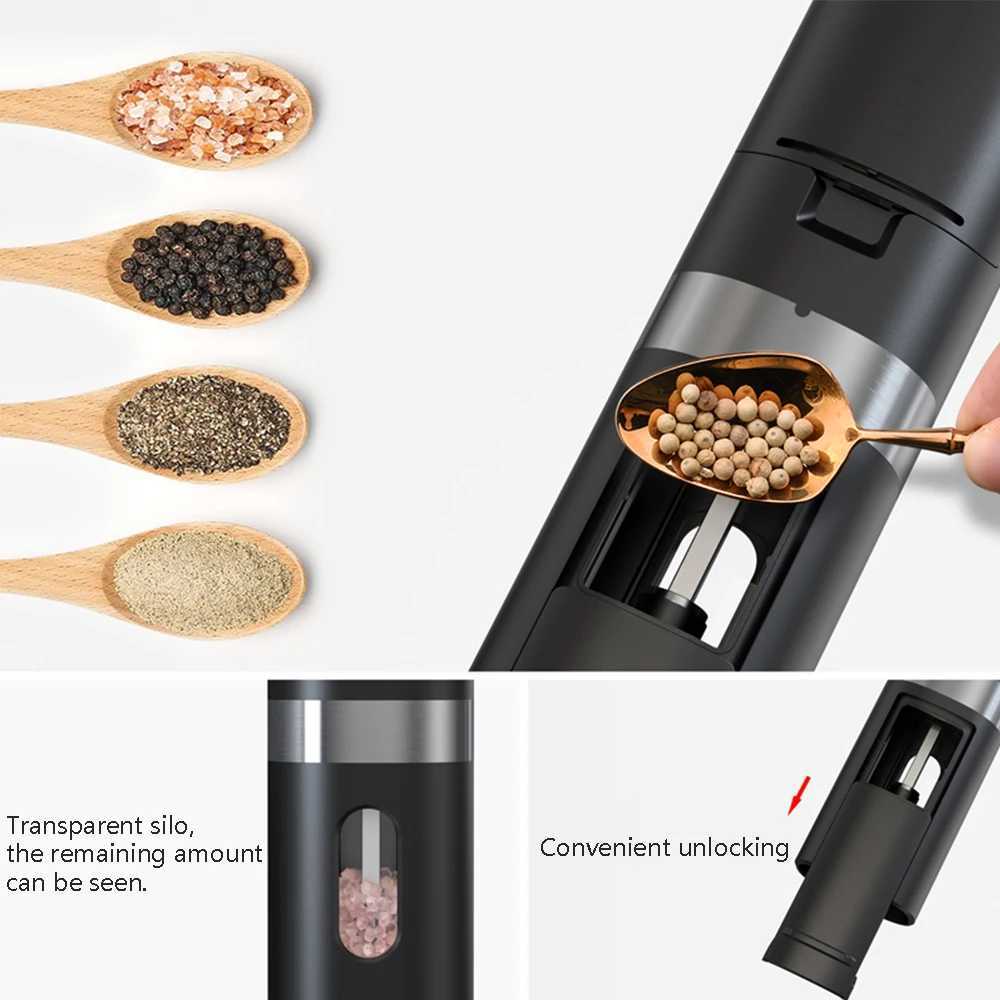 Rechargeable Electric Salt and Pepper Grinder Set USB Spice Salt Pepper Mills With LED Light Adjustable Coarseness Base-Charging X250605