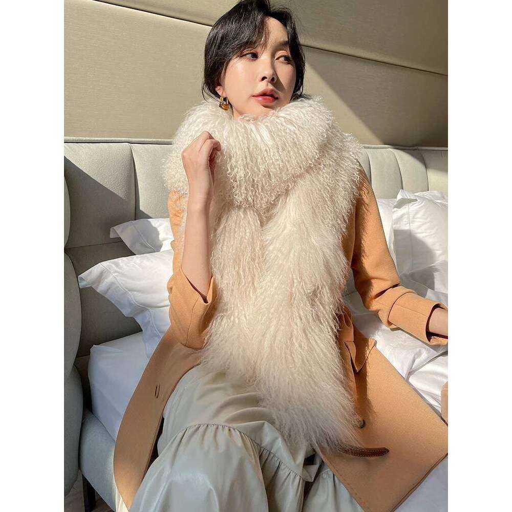 ZDFURS* Korean Quality mongolian Tibet sheep fur scarf Double-Sided Whole skin Long Collar Fur Scarf Thickened