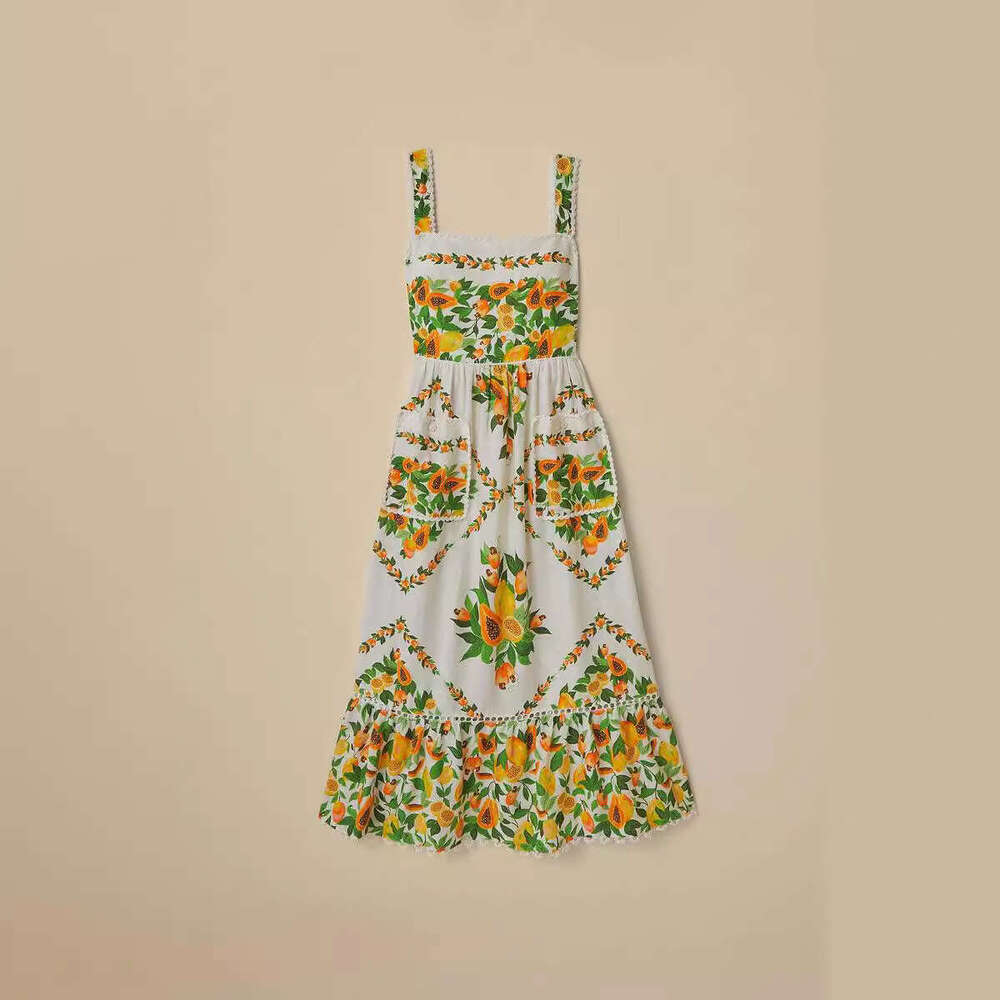 Heavy Lace Patchwork Print Ruffle Long Summer New Fashion Women's Dress With Straps B5