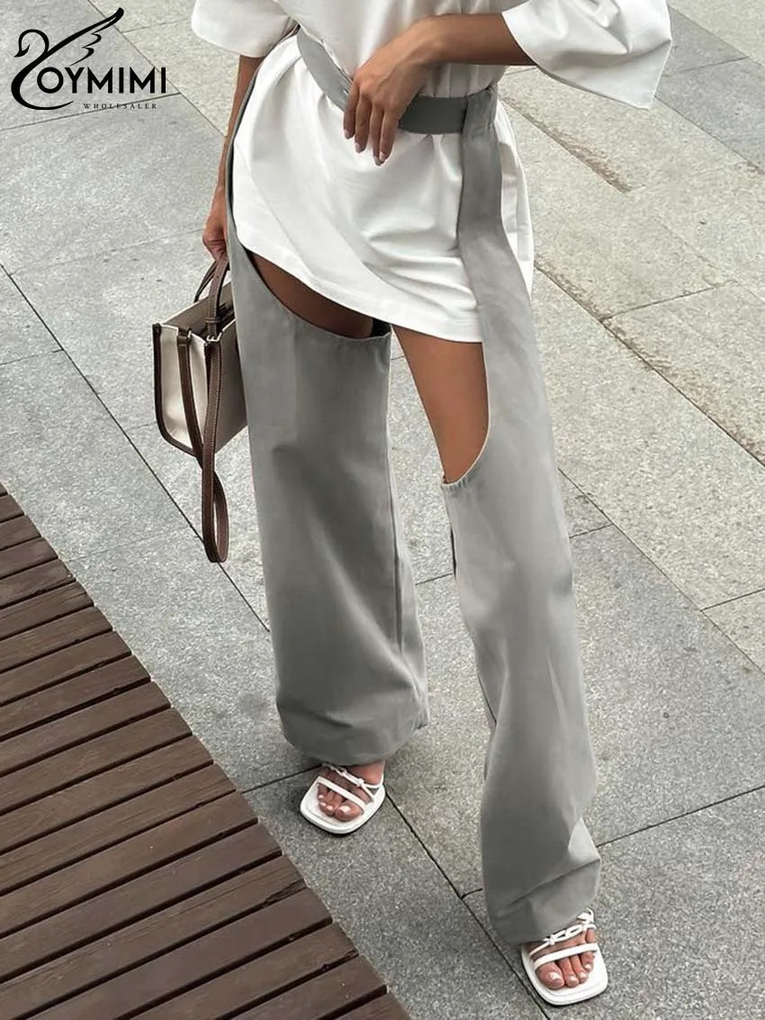Oymimi Casual Gray Hollow Out Womens Pants Elegant High Waisted Button Female Trousers Fashion Straight Full Length Pants 250604