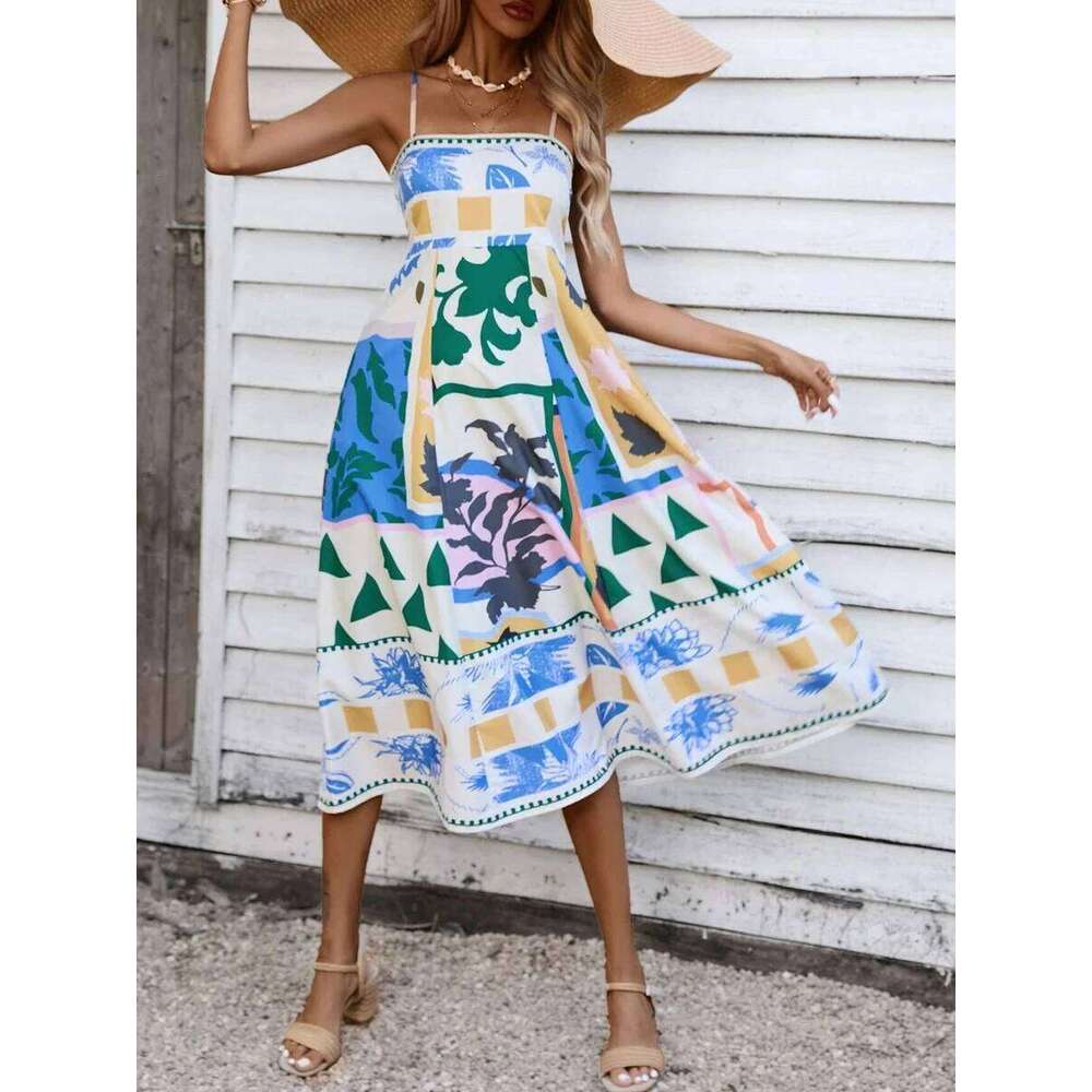 Women Summer Casual A-line Print Spaghetti Strap Backless Midi Fashion Sleeveless Cami Dress