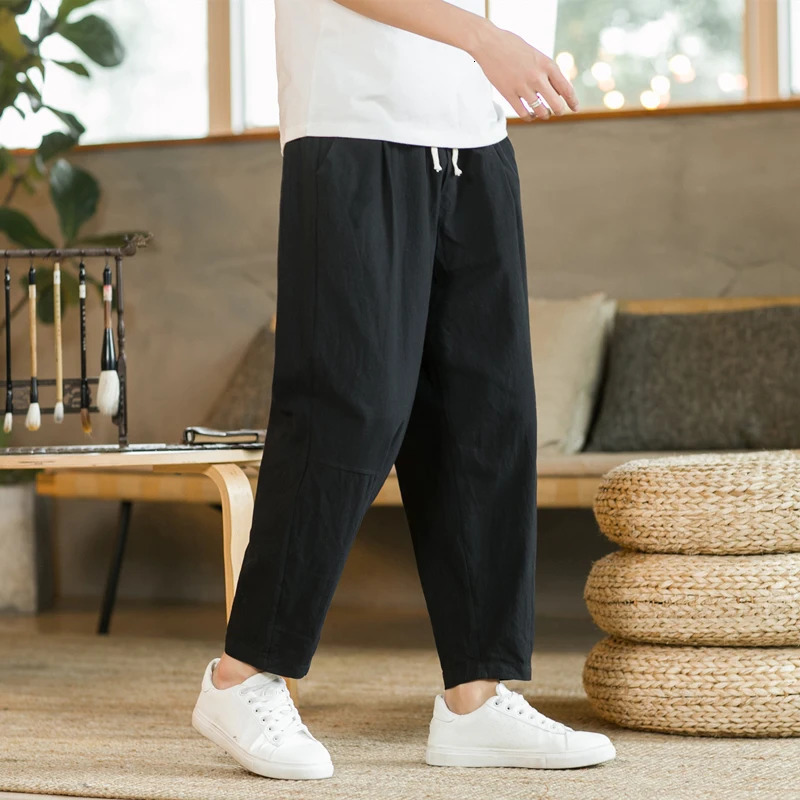 Mens Trousers Cotton Linen Fashion Casual Pants Solid Color Breathable Loose Shorts Straight Drawstring Streetwear Men 250605Z