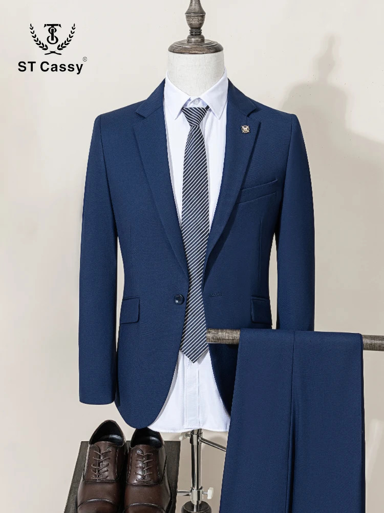 ST Cassy High Quality Mens Suit Slim Fit Solid Color Suit Formal Business Office Single Breasted Coat Pants 2 Pieces Set 250530