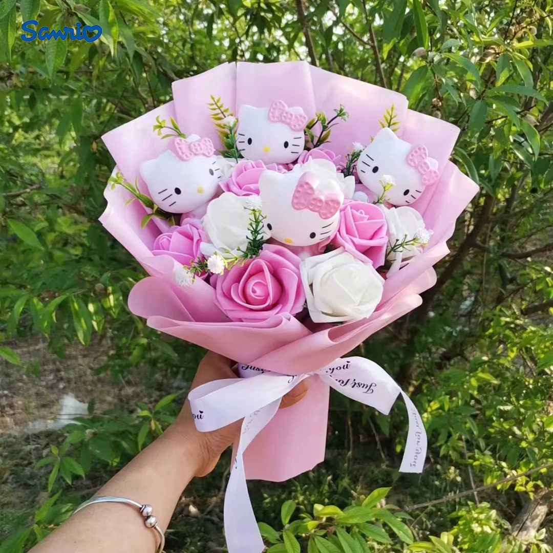 Anime Hello Kitty Cartoon Plush Bouquet Sanrio Artificial Rose Flowers Doll Christmas Home Wedding Decoration Valentines Day Giw250605