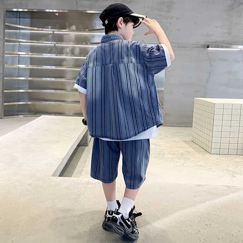 New Summer Kids Boy Clothing Set for Tweens Child Vertical Stripe Denim Shirt Shorts Cotton Two Pieces Clothes Suit For Teenager R250605