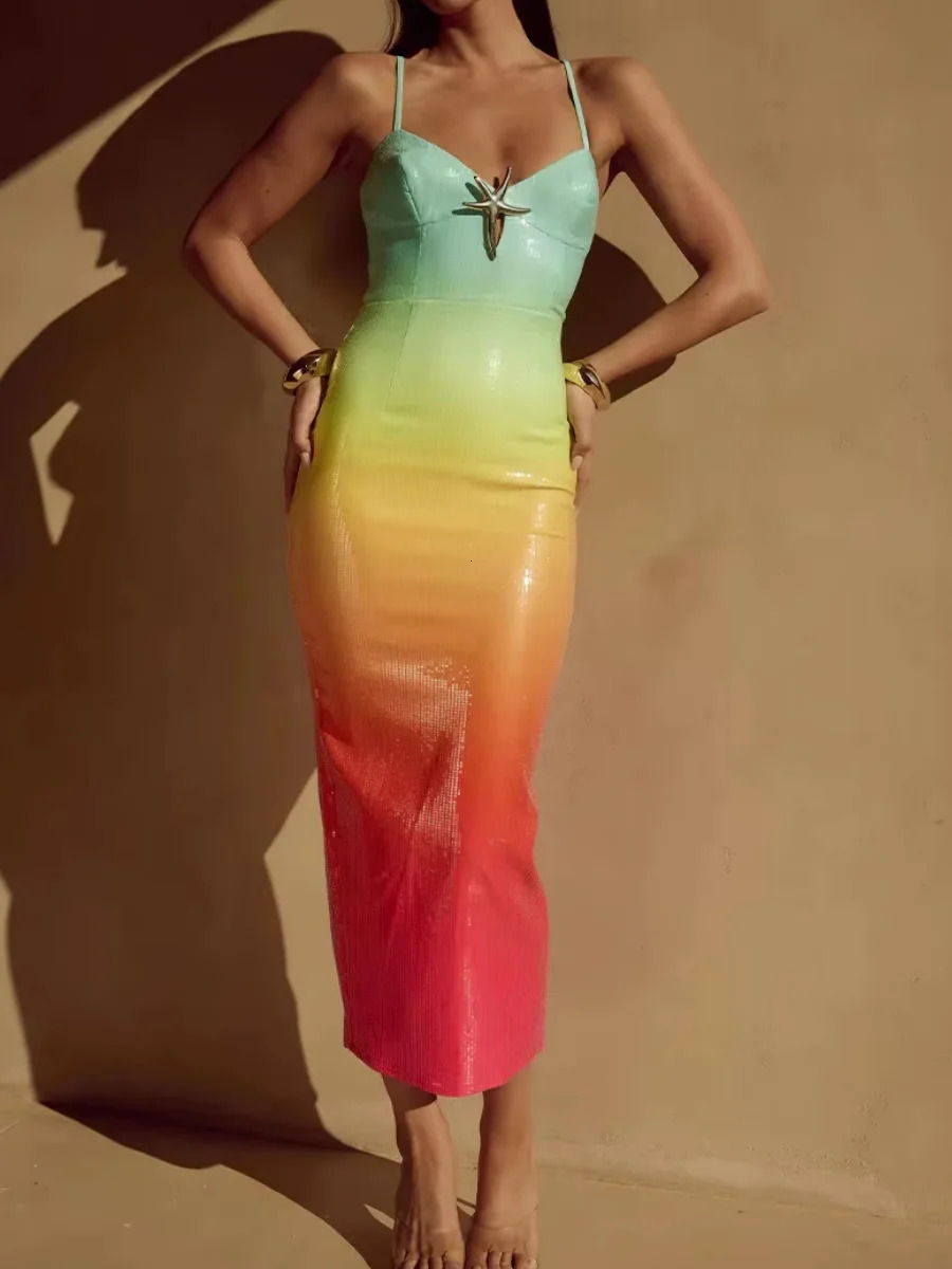 Women Y2k Sequin Maxi Dress Fashion Gradient Print Backless Bodycon Long Dress Colorful Spaghetti Strap Beach Elegant Sundress 250604