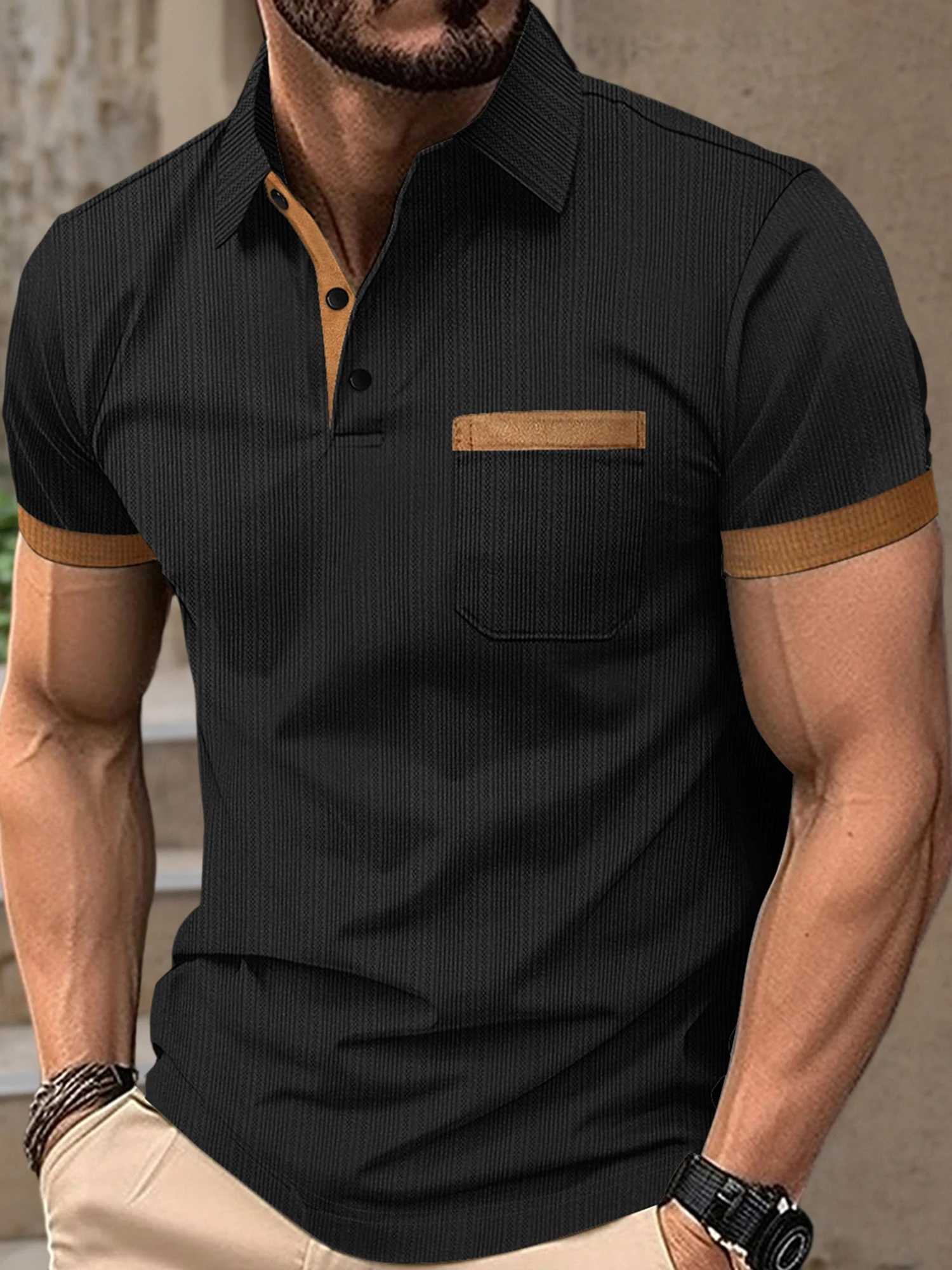 Mens Summer Lapel T-Shirt with Stylish Contrast Colors and Short Sleeves - Perfect for Beach Vacations and Streetwear Fashion XJ250605