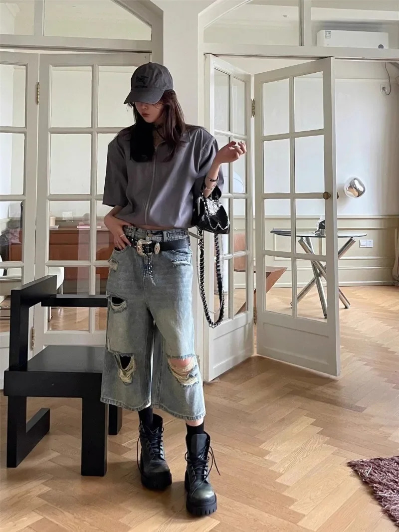 High Waist Vintage Hole Jeans Women American Hiphop Straight Denim Y2k Shorts Hollow Out Wide Leg Washed CalfLength Loose 250604