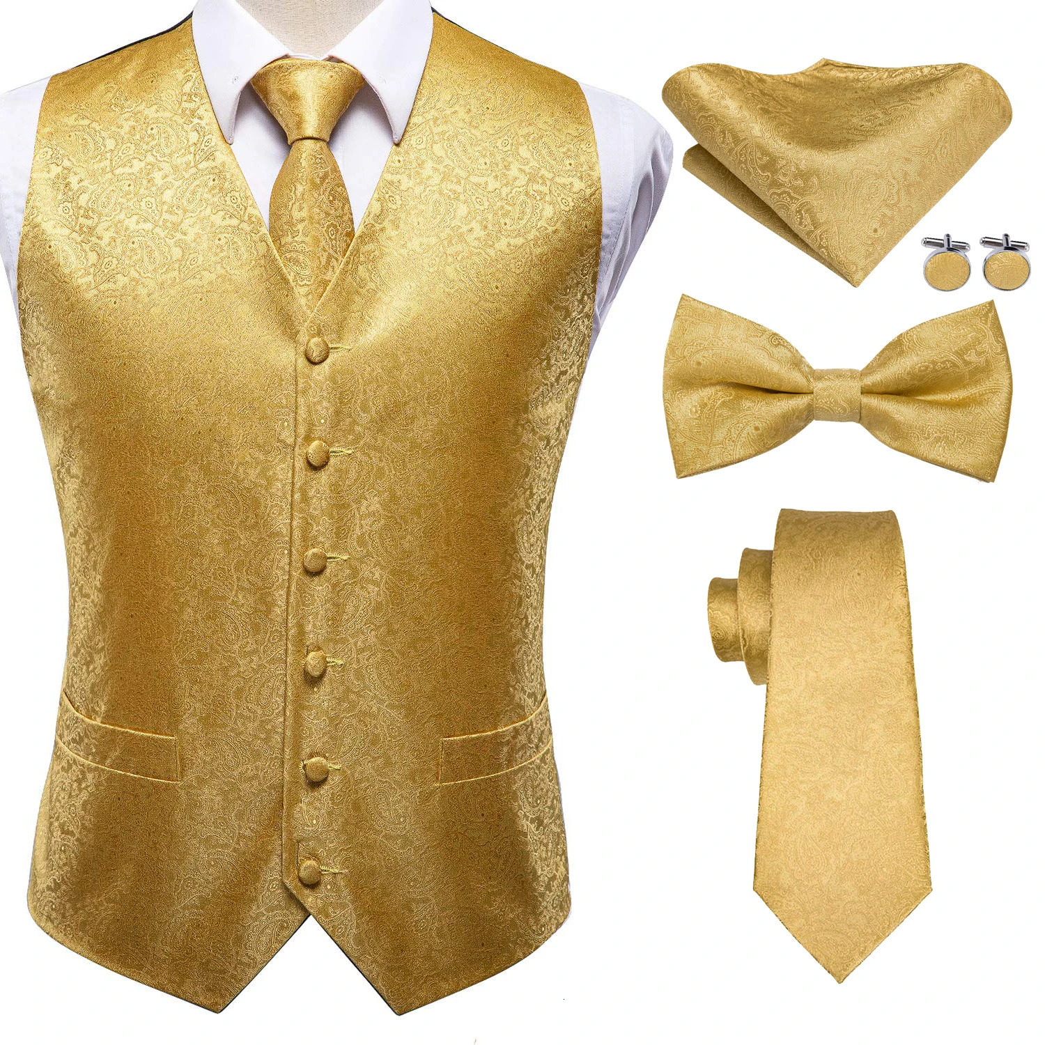 Gold Mens Vests Silk Red Blue Green Waistcoat Tie Bowtie Hanky Cufflinks Set Male Waist Jacket Wedding Office HiTie 250605Z