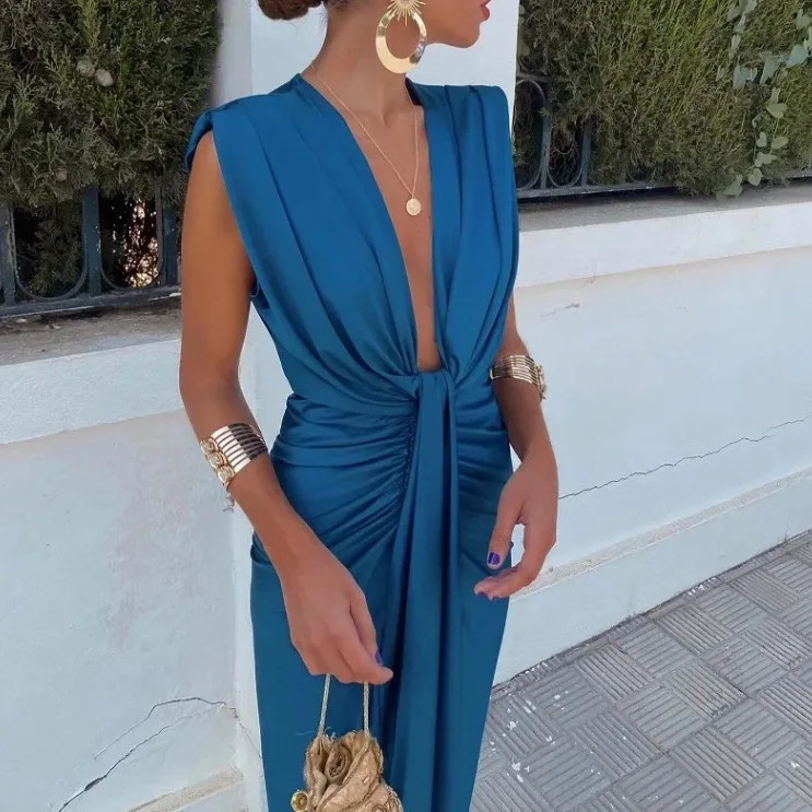 2025 Spring Women Satin Dress Sleeveless V-neck Bodycon Dresses Female Summer Fashion Elegant Dress Evening Dress Lady Clothes 250604