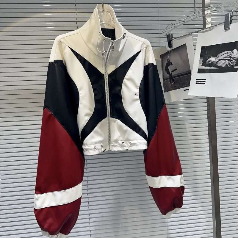 Hot Selling Contrasting Patchwork Short Coat Unisex Motorcycle Women's Autumn American Drawstring Leather Jacket