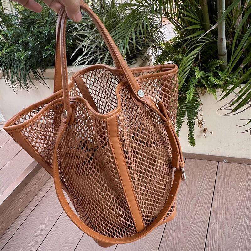 Brand Hand woven Large Capacity Vegetable Handbag Hollow Mesh Summer Beach Vacation Shopping Mother child Net Shoulder Bag