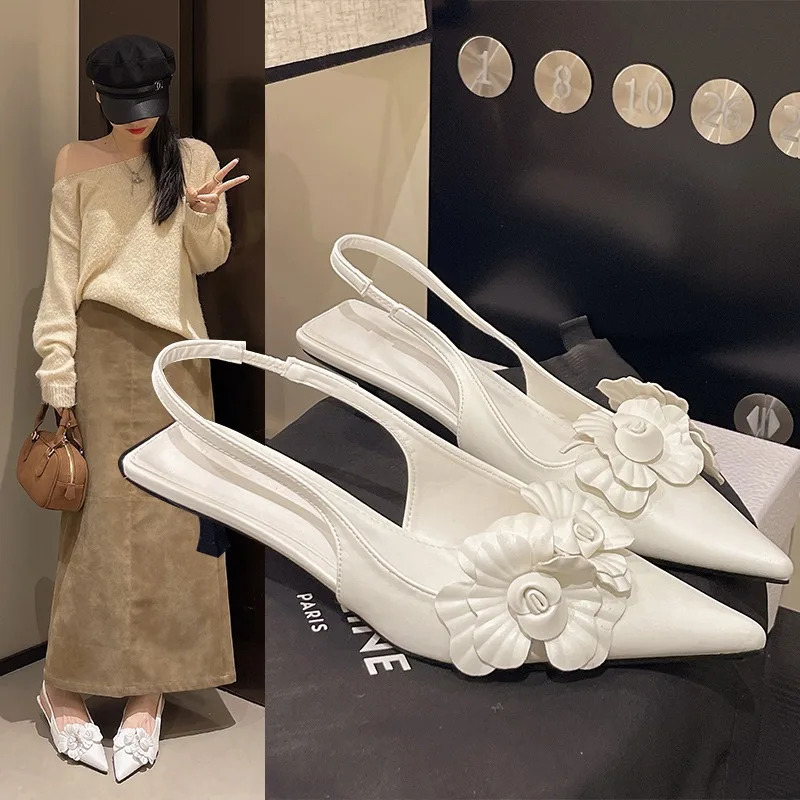 Womens Mule Shoes Summer Fashion High Heels Flower Sexy Pointed Ladies Casual Outdoor Sweet White Sandals 250605