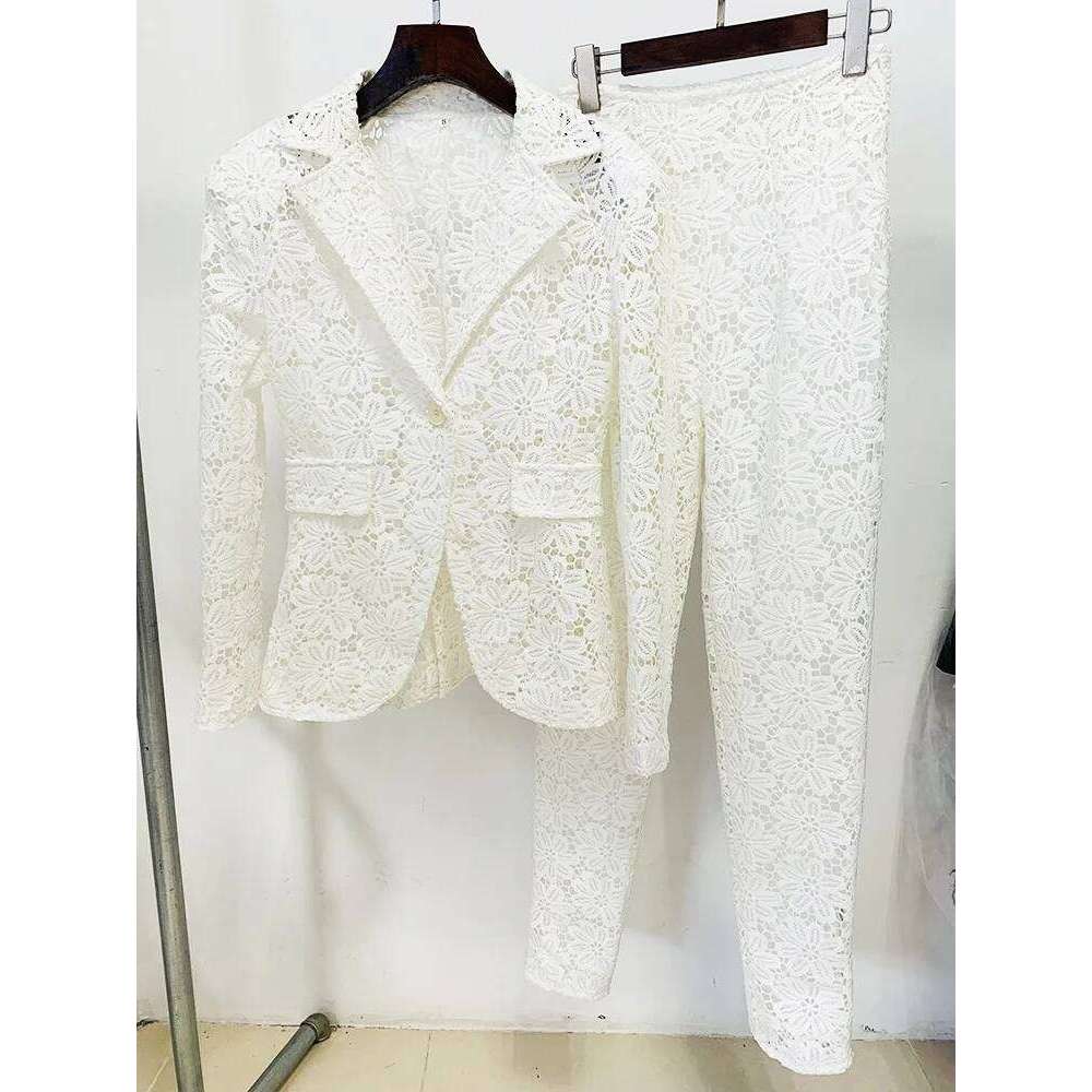 HIGH STREET Newest 2025 Designer Runway Set Women's Single Button Guipure Lace Blazer Pencil Pants Suit 2Pcs
