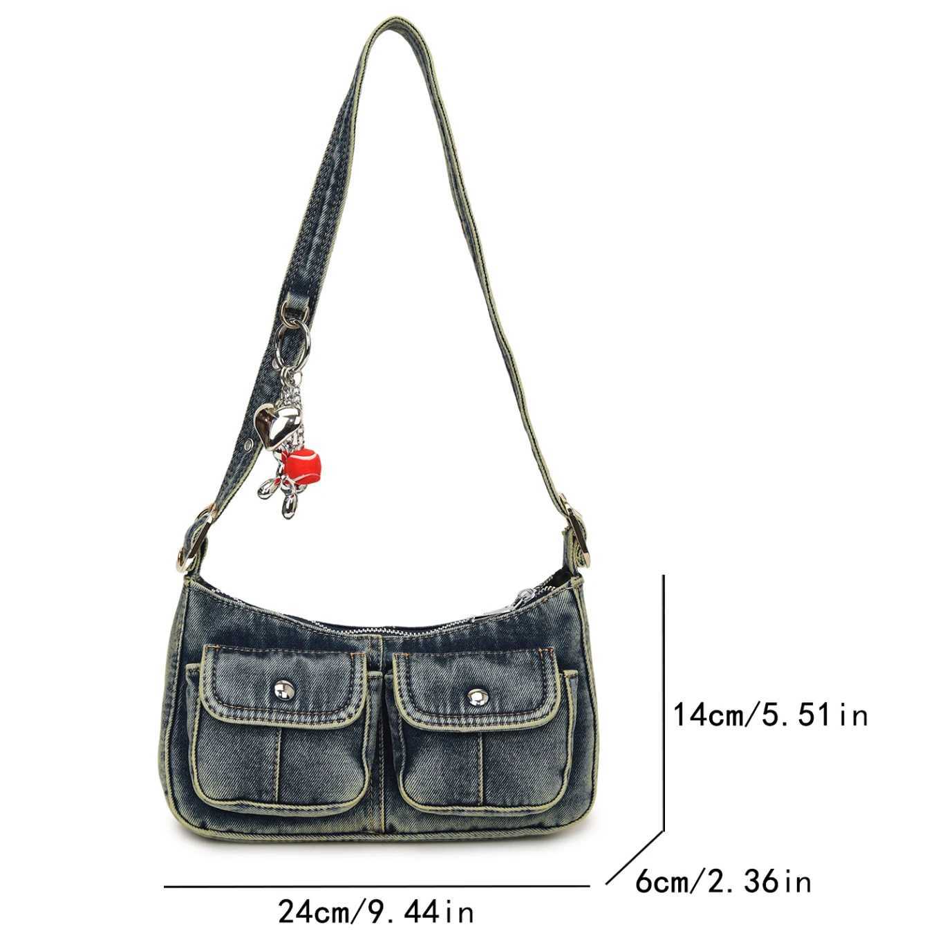 Double Pouch Design Underarm Shoulder Bag Women French Style Armpit Purse Designer Jeans Bag Vintage Denim Handbag Sling BagXJ250605