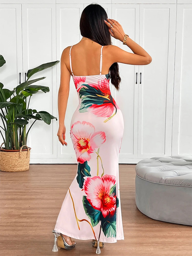 Womens Print Maxi Dresses Summer Sexy Backless Sleeveless Sling Dress Streetwear Fashion Lady Casual Slim Clothing 250604