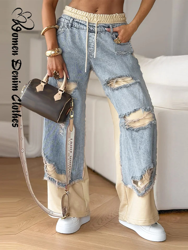 Woman Hole Style Patchwork Denim Pants Casual Street Womens Trousers Fashion Multicolored Elastic Waist Straight Jeans 250604