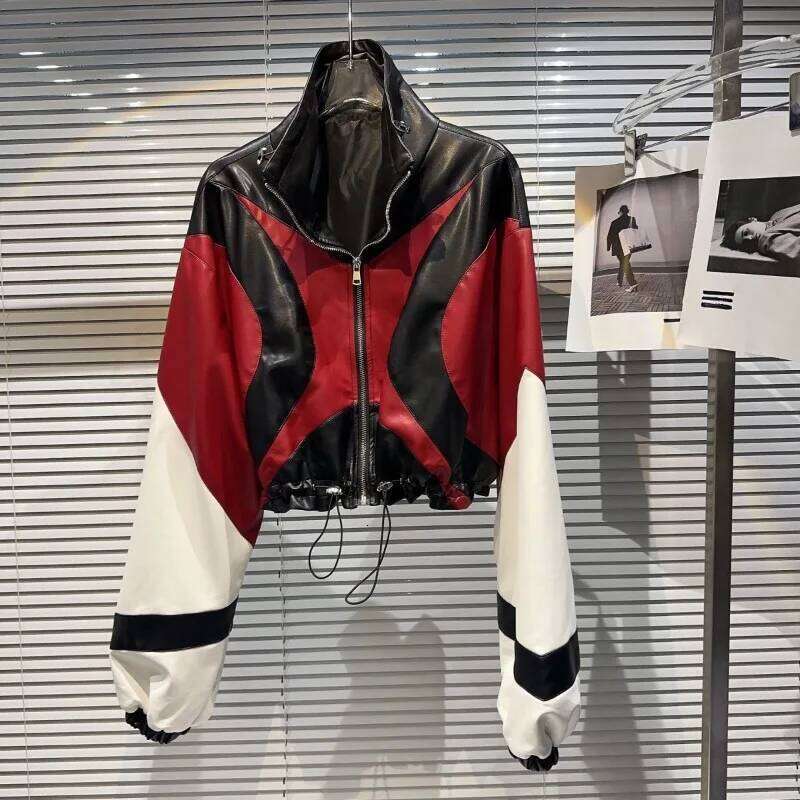 Hot Selling Contrasting Patchwork Short Coat Unisex Motorcycle Women's Autumn American Drawstring Leather Jacket