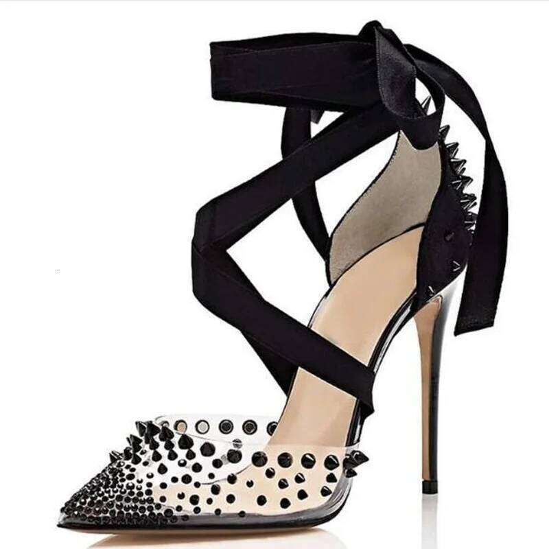 Sexy Black Rivets Spikes High Heels Lace Up Clear PVC Transparent Pointed Toe Banquet Studded Party Shoes Size 42