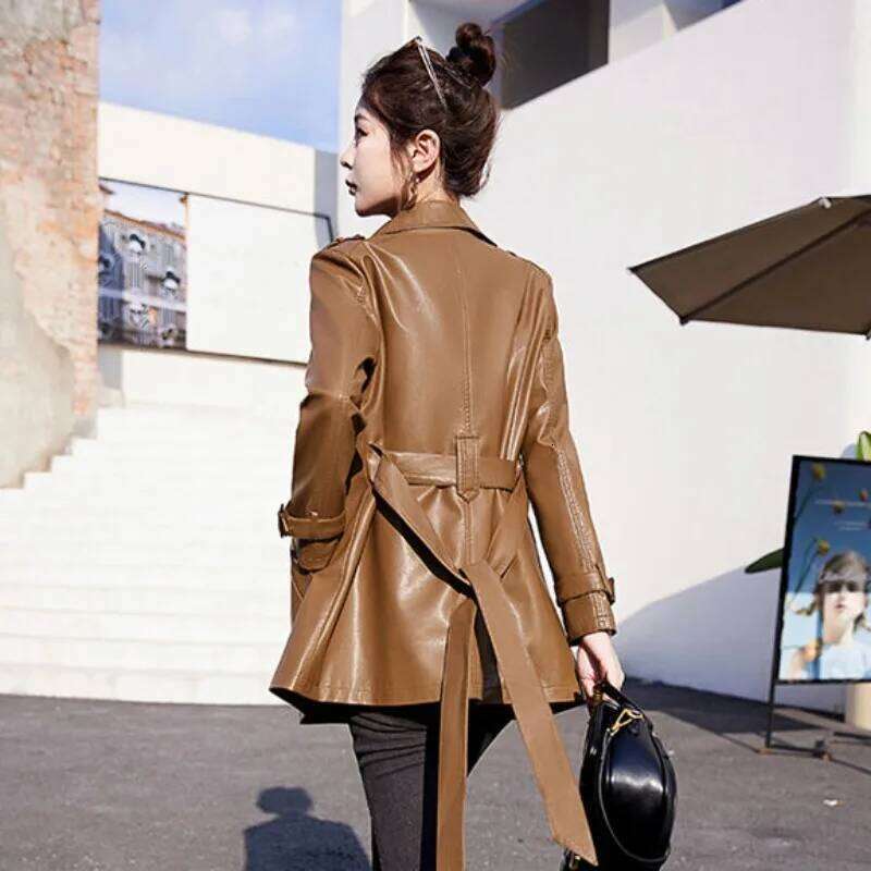 Autumn Winter New Women Temperament Slim-Fit Leather Coat Female Mid-Length Versatile Solid Color Sheepskin Trench Outwear