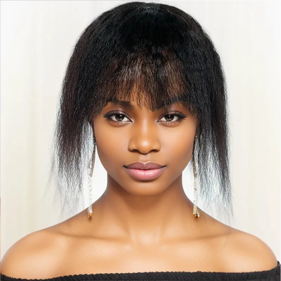 Kinky Straight Natural Black Topper Hair With Bangs Human Hair Toppers For Women Invisible T Part Clip In Hair Extensions Daily 250529