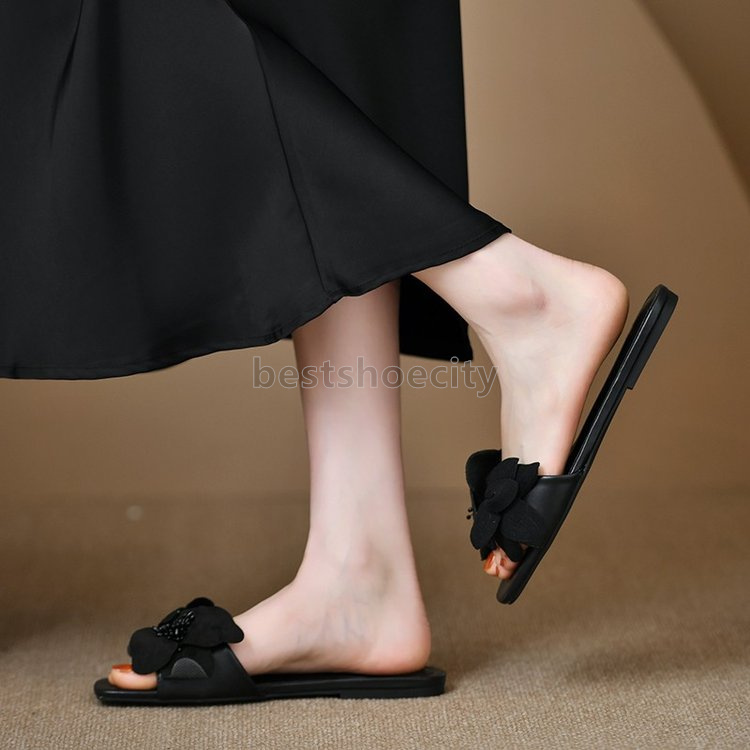 designer sandals women floral slides flats heels square-toed womens slippers luxury black fuchsia leather fashion vintage open toe lazy shoes