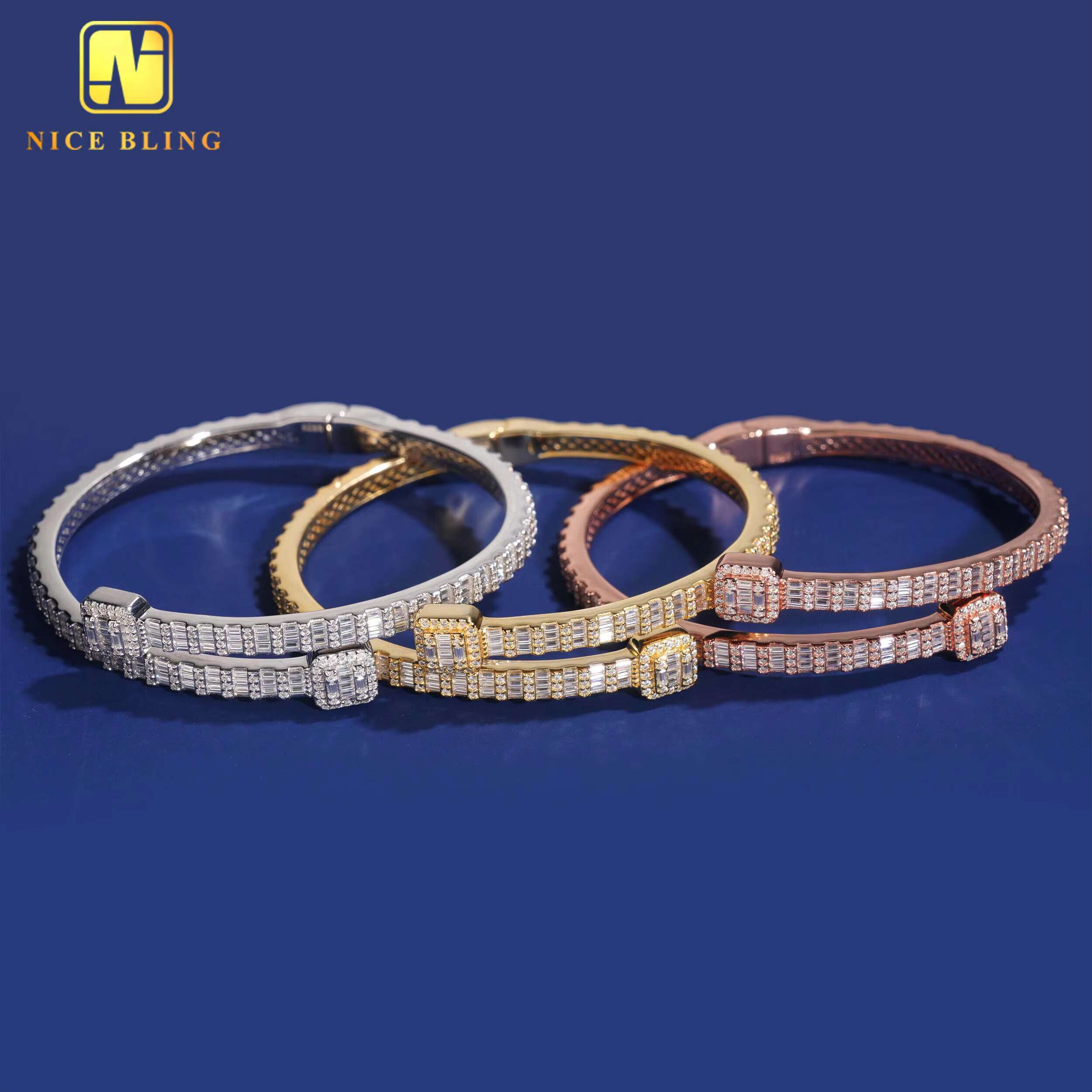 3MM VVS Baguette Moissanite Bangles 925 Silver Trendy Jewelry Adjustable Moissanite Diamond Bangles for Men Women