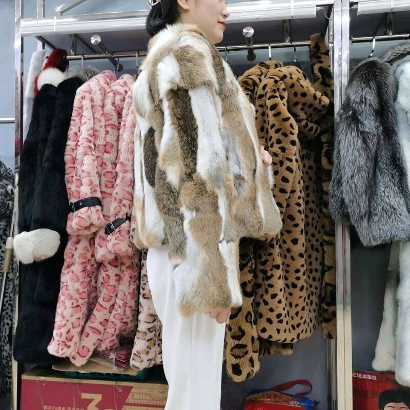 New Women Fashion Real Genuine Natural Rabbit Fur Coat lady warm V-neck jacket NZ126