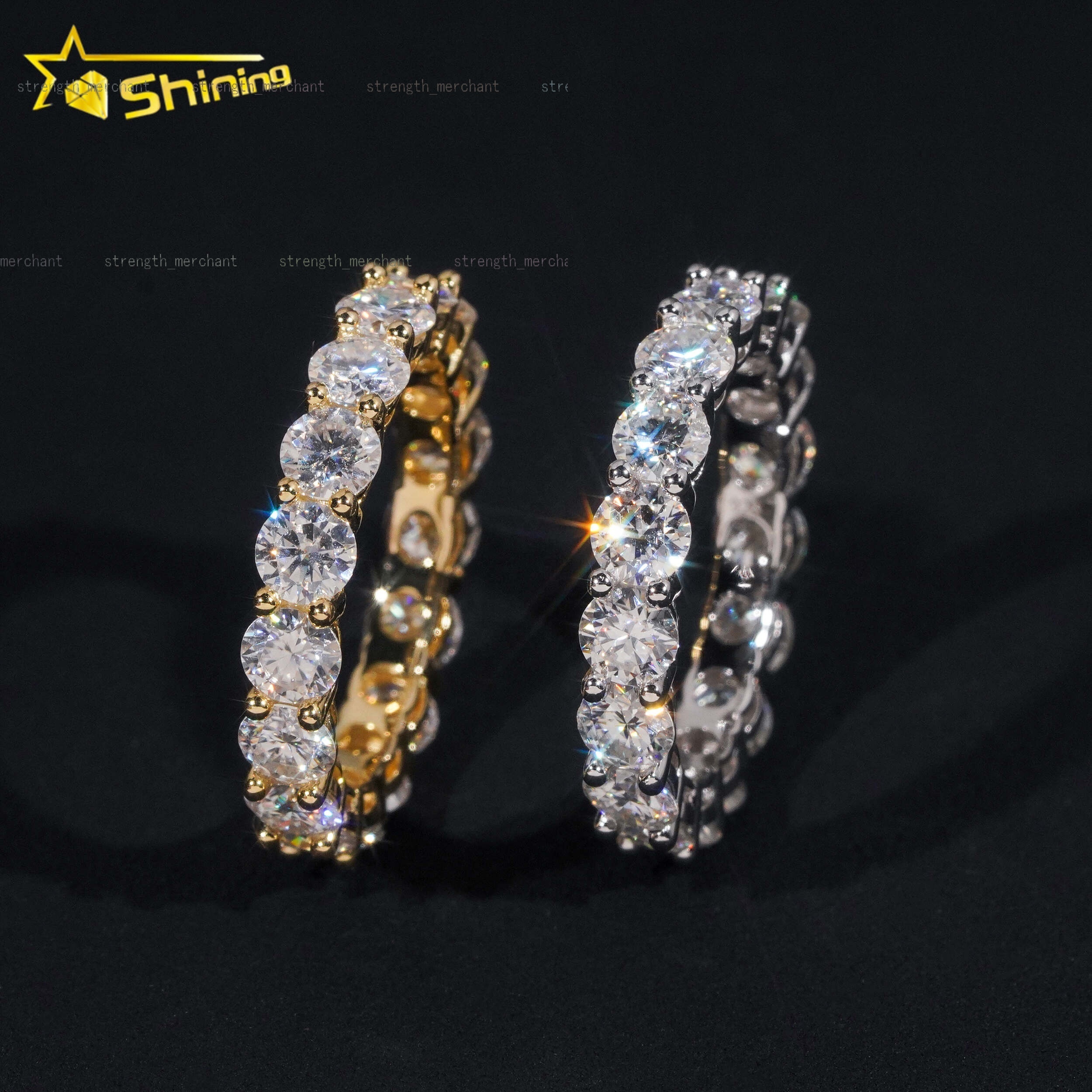 Stocks Solid 925 Sterling Silver Gold Plated Hip Hop Jewelry Luxury Fully Iced 4mm Diamond Moissanite Band Ring Eternity Rings