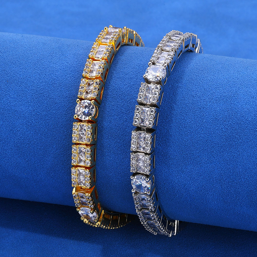 Hip Hop 6mm Square and Round Mixed Moissanite Mens Bracelet Personality Trendy Jewelry Tennis Bracelet