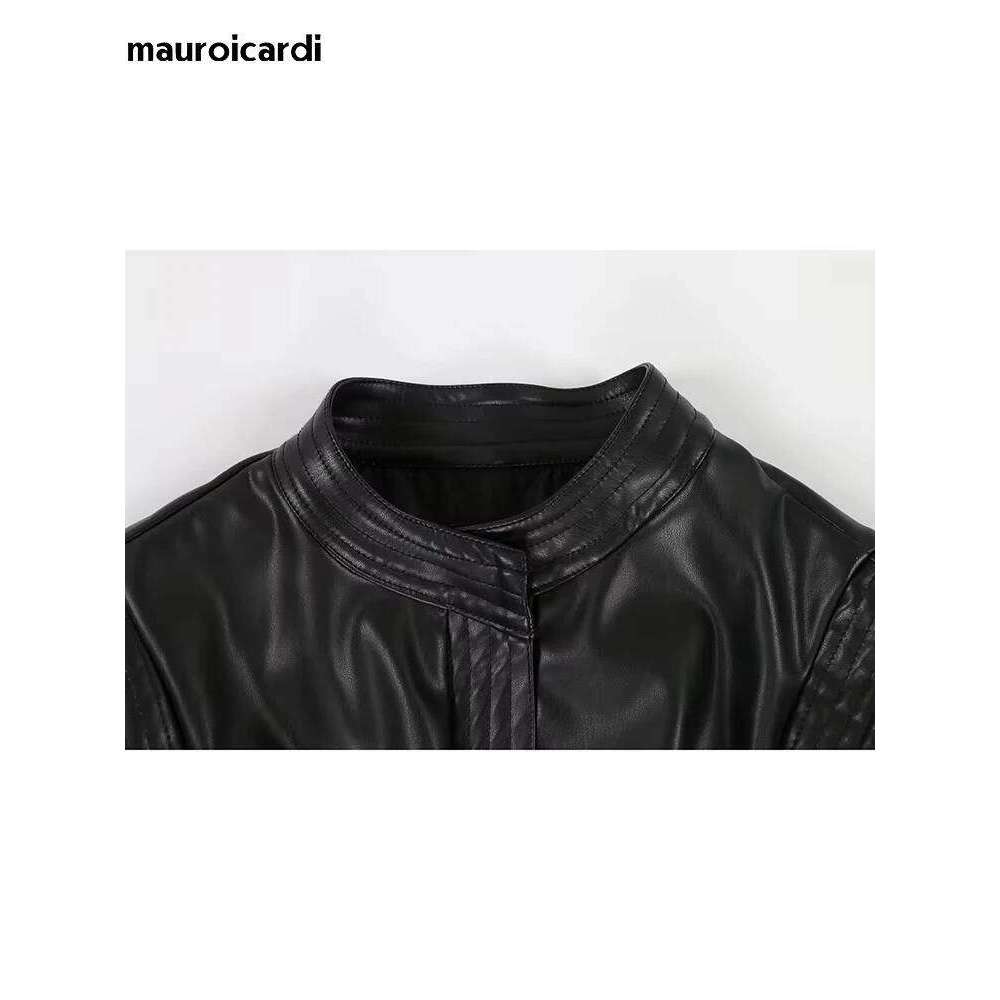 Mauroicardi Spring Short Black Soft Pu Leather Vest Women with Side Slit Sashes Stand Collar Chic Sleeveless Jacket 2025
