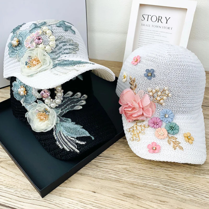 Womens Summer Rose Baseball Cap Fashion Rhinestone Pearl Cap Ladies Casual Breathable Visor Cap 250603