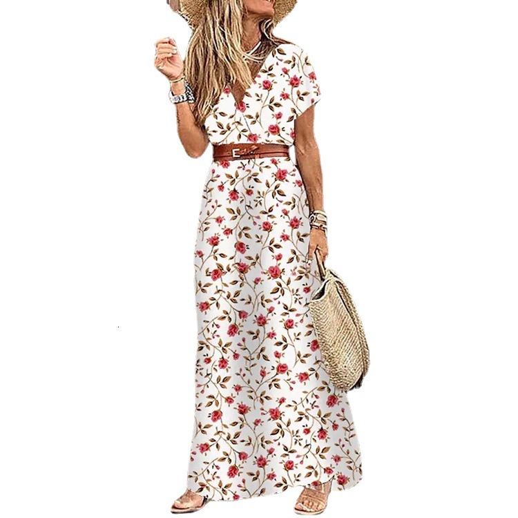 Summer Dresses Fashion Bohemian V-neck Floral Elegant Beach Maxi Long Dress Women Robes Vestidos Ladies Vacation Holidy Skirt
