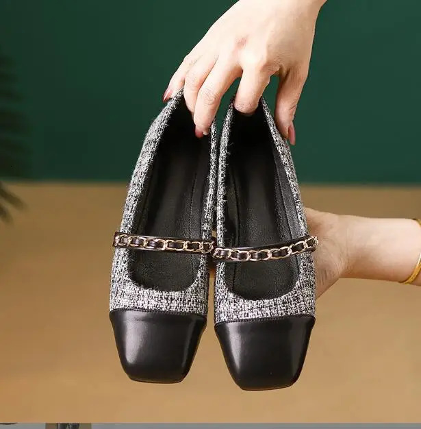 Women Flat pink Shoes Fashion Casual Flat Shoes Plaid Fabric Square Toe Slip On Mary Jane Shoes Outdoor Soft Ballerinas Shoes 250603