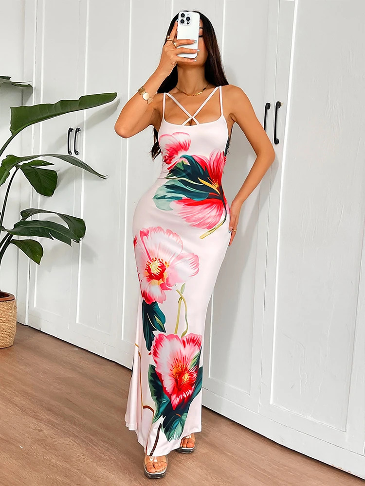Womens Print Maxi Dresses Summer Sexy Backless Sleeveless Sling Dress Streetwear Fashion Lady Casual Slim Clothing 250604