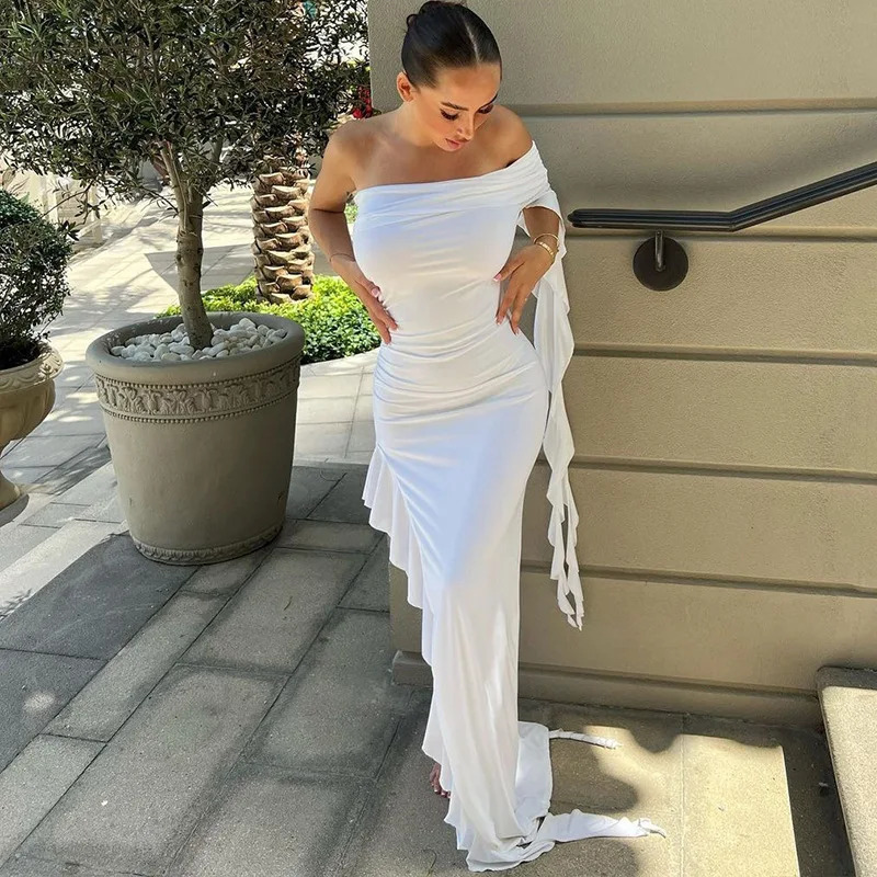 Summer One Shoulder Pleated Slim Fit Dress Solid Color Personalized Fashionable Arrivals 250604