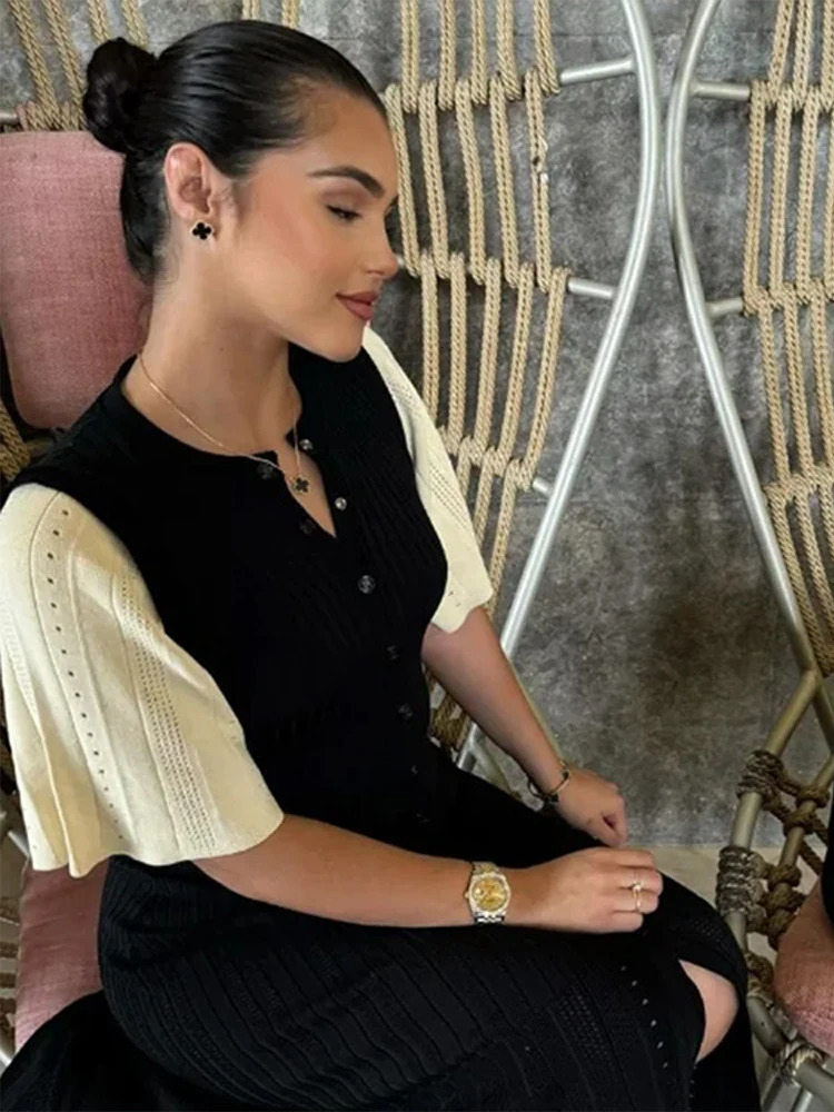 Knit Maxi Dress For Women Elegant Solid Oneck Single Breasted Short Sleeve Long Dresses Female Summer Fashion Lady Vestido 250604