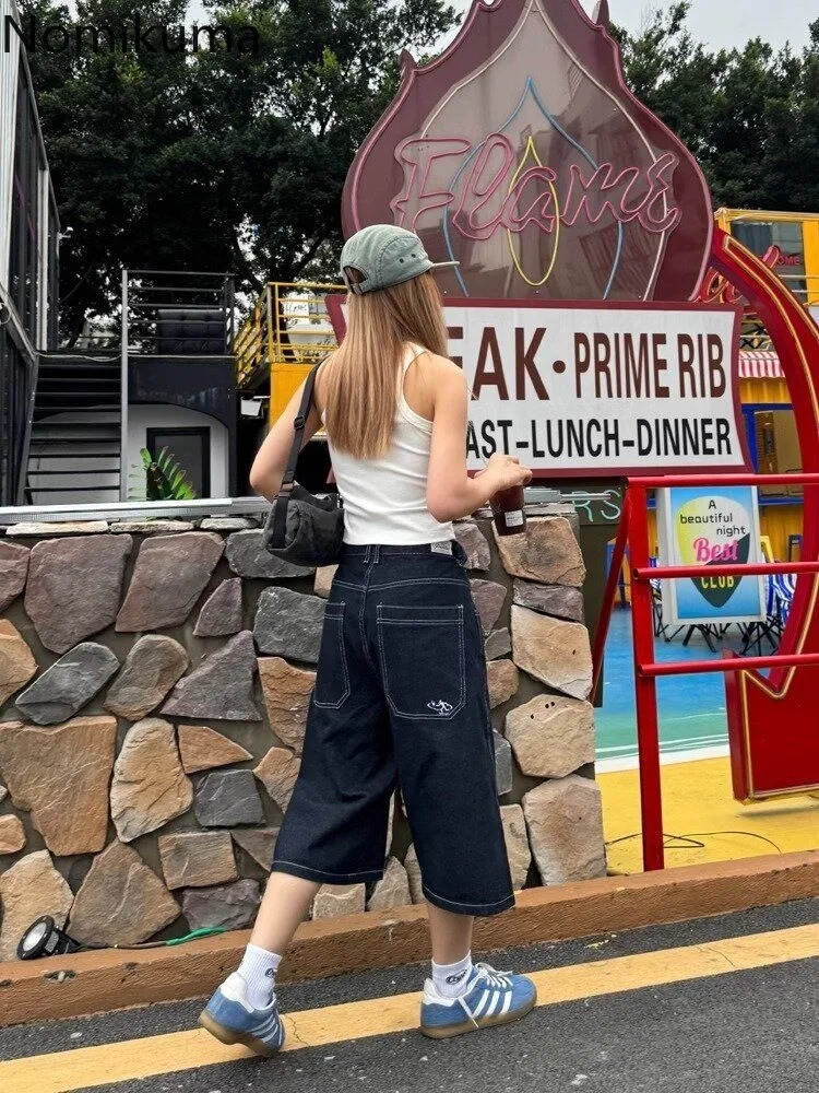 Bottoms Streetwear Casual Jeans High Waist Vintage Wide Leg Shorts Fashion Korean Summer Denim Trousers Womens Pants 250604