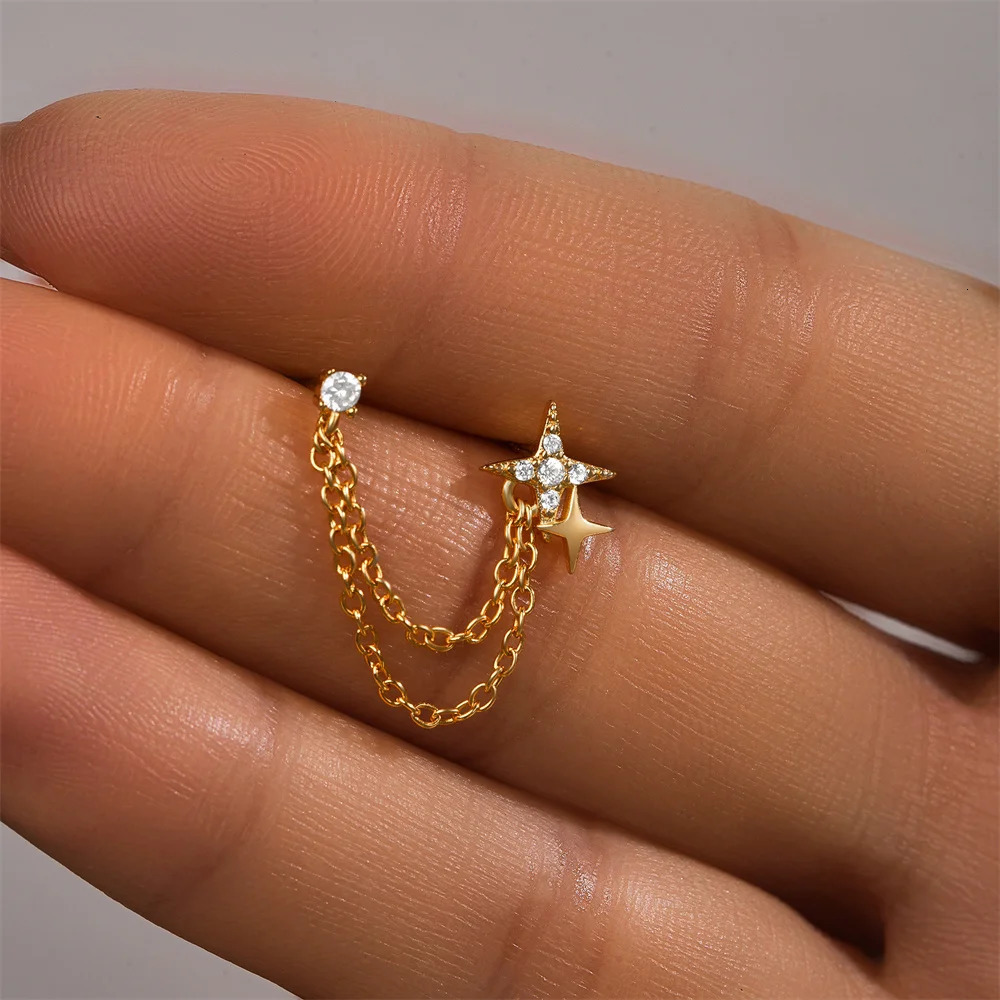 CANNER 1Pc Zirconia Tassel Stud Earrings Sterling Silver Double-Layered Chain Pendant Piercing Earrings Fine Jewelry 250604
