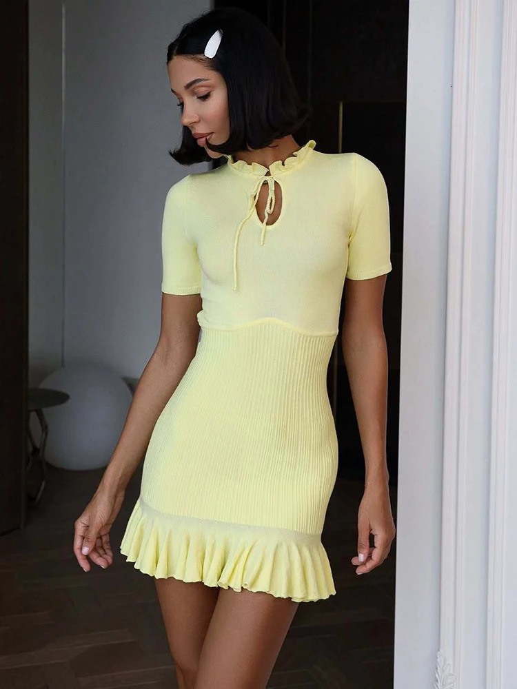 Blifanbo Summer Short Sleeve Ruffle Knit Mini Dress Women Pullovers Elegant Hollow Out High Waist Club Party Sweater Dress 250604