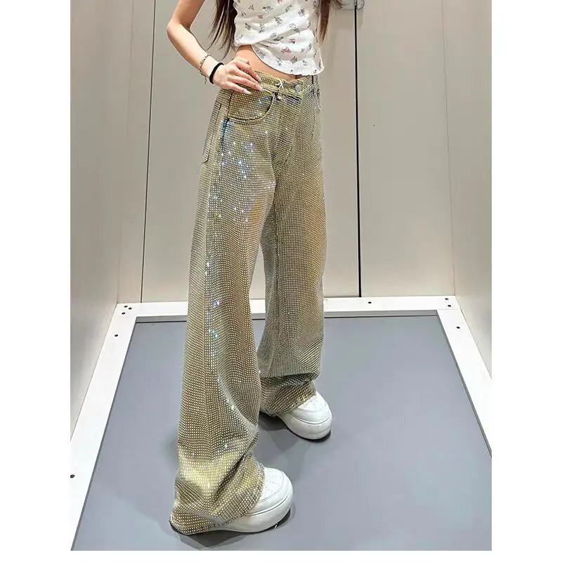 Full Diamond Printing Belt Wash Casual Loose Straight Jeans Hip Hop Y2k WOMEN Jeans 250604