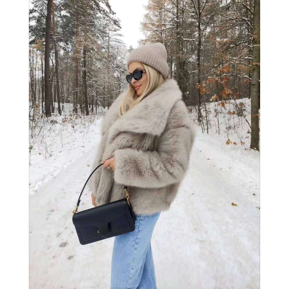 TRA&F 2024 Woman Autumn Winter Faux Fur Plush Fluffy Women's Jacket New in Outerwears Gray Black Wool Blends Women Coat