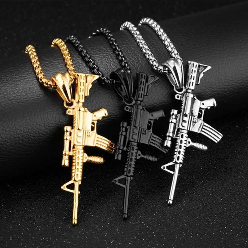 Mens Machine Gun Pendant Necklace Hip Hop Punk Black Gold Color Stainless Steel Chain Retro Accessories Hippie Rapper Jewelry XJ250604