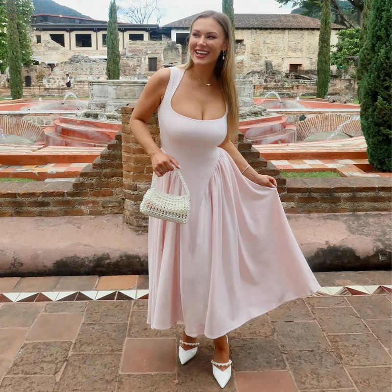 Elegant French Style Pink Strap Dress Spring FloorLength Gown Square Neckline Charming European And American CrossBorder 250604