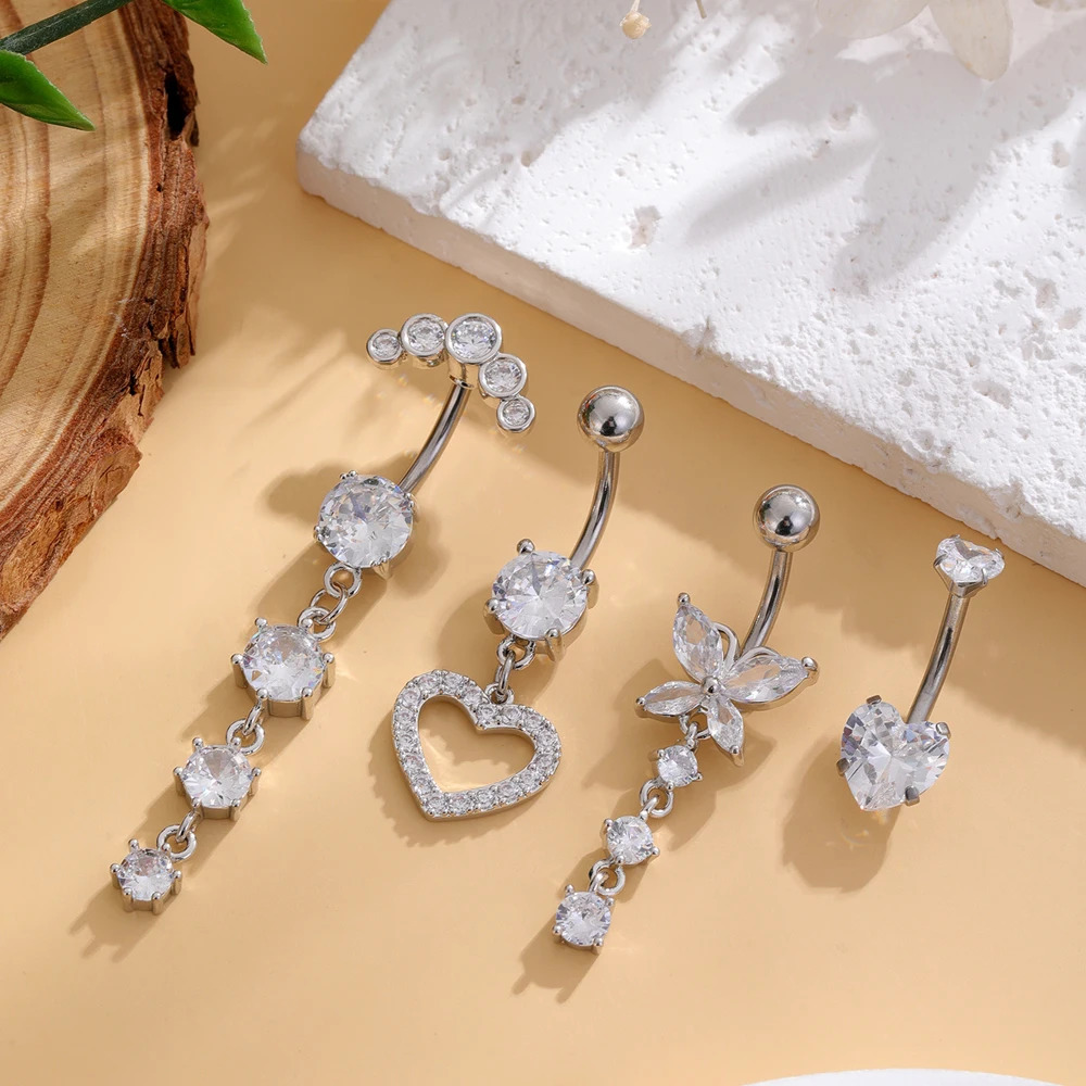 Butterfly Heart-shaped Belly Button Ring Sets Stainless Steel CZ Belly Rings Piercing Ombligo 14G Pink Zircon Navel Piercings 250530