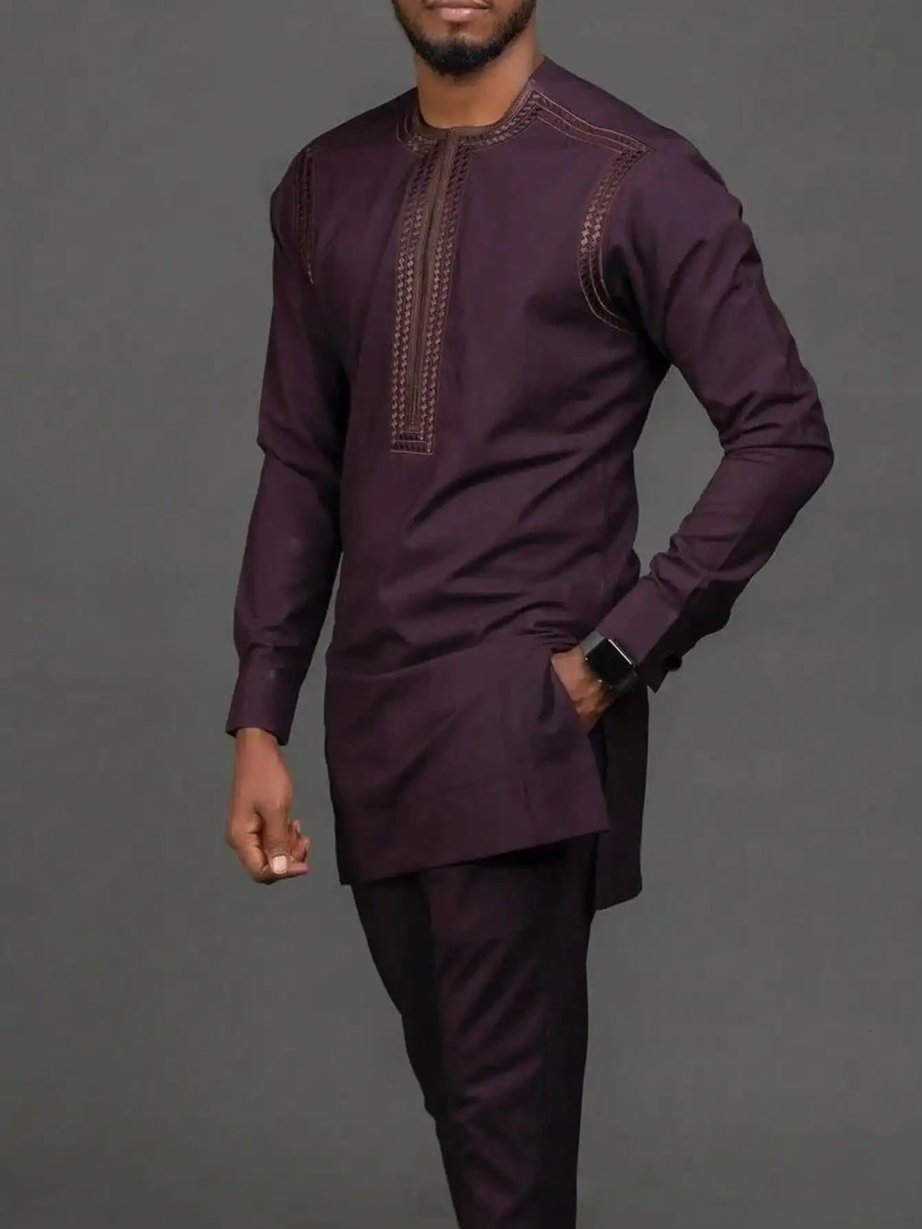 African Clothing For Men Suits Traditional Embroidery Long Sleeve Top Pants Two-piece Set Kaftan Outfits Fashionable 250603