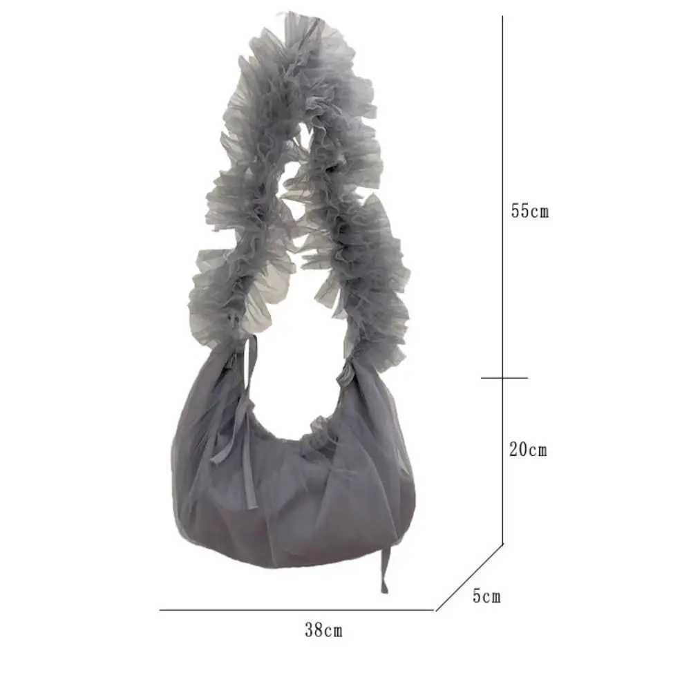 Drawstring Design Mesh Tote Bag Sweet Polyester Solid Color Lace Shoulder Bag Dumpling Shape Pleated Underarm Pouch Shopping XJ250605